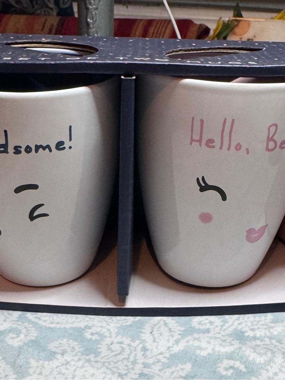 Ceramic Pair of White Mugs with Pink and Black Face Accents
